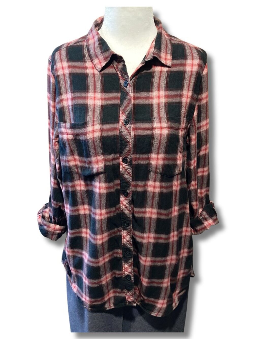 DENVER HAYES Red white black plaid roll-tab sleeve button-down shirt MEDIUM top